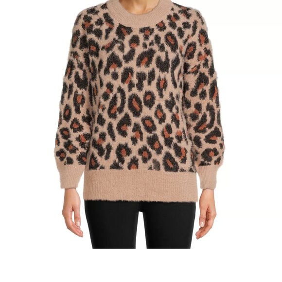 Time and Tru Women's Eyelash Pullover Sweater leopard print- L - Picture 1 of 5